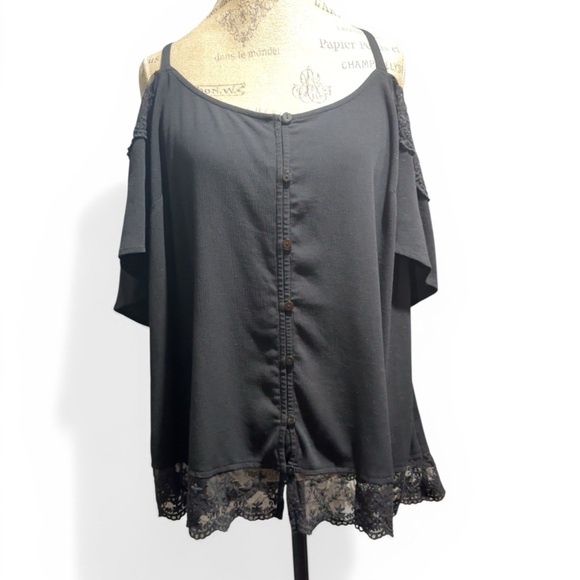 torrid Tops - torrid Black Cold-Shoulder Lace Hem Button-Front Top